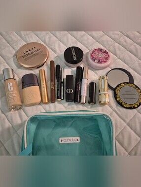 Clinique Teal Clear Cosmetic Travel Pouch with Mixed Makeup